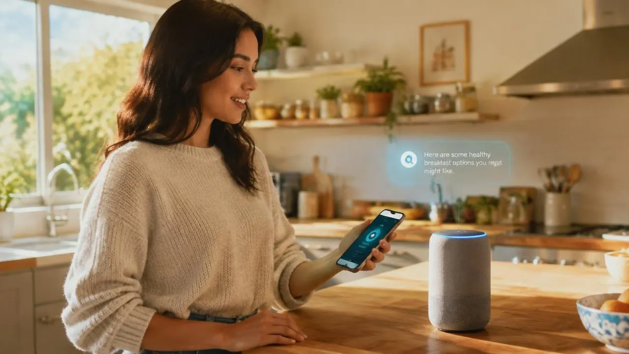 A woman in a kitchen using a smart speaker and phone