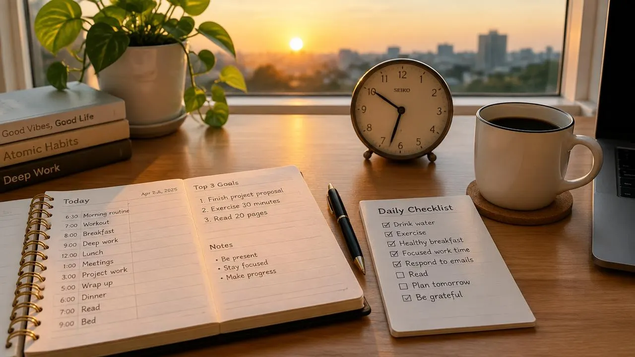 A planner, clock and coffee on a desk at sunrise