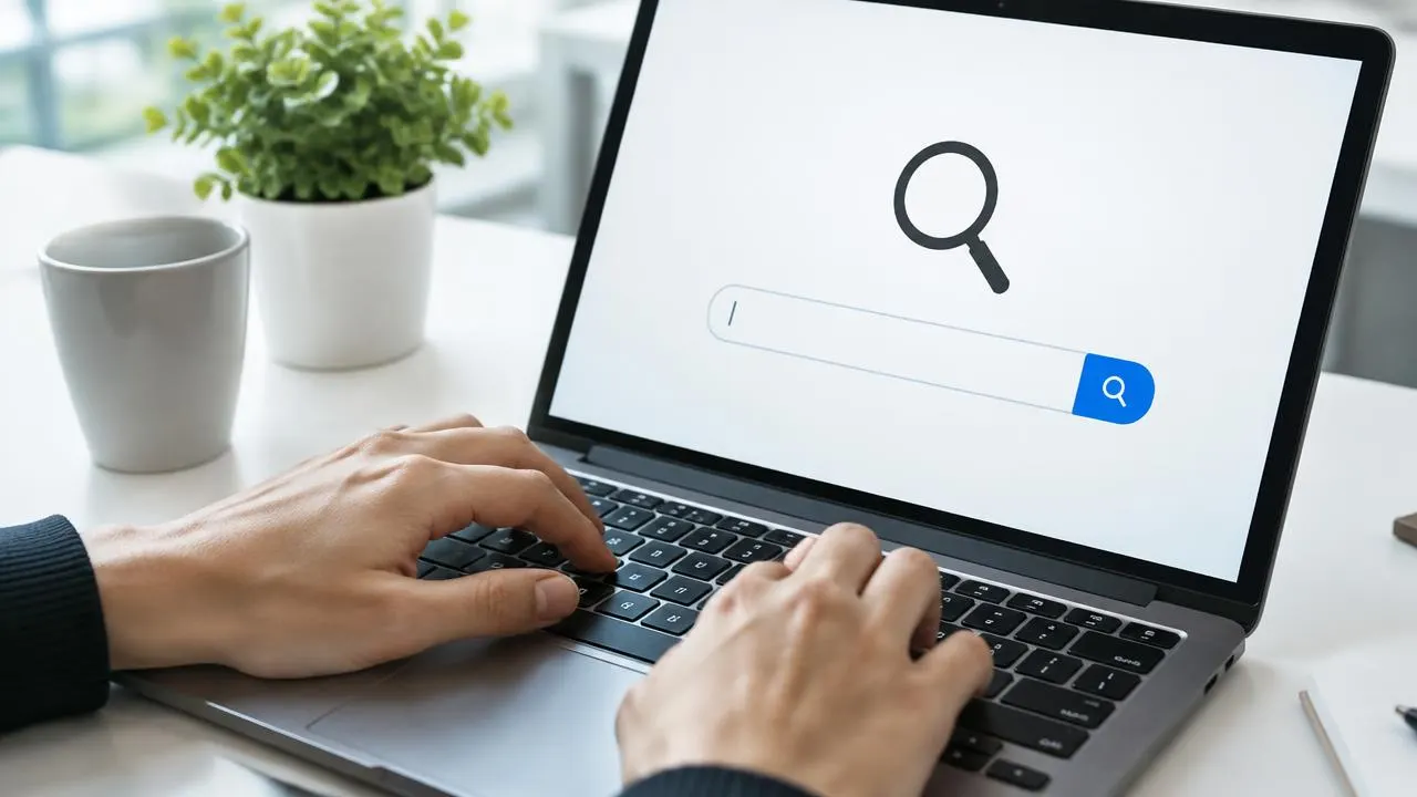 Hands typing on a laptop showing a search bar