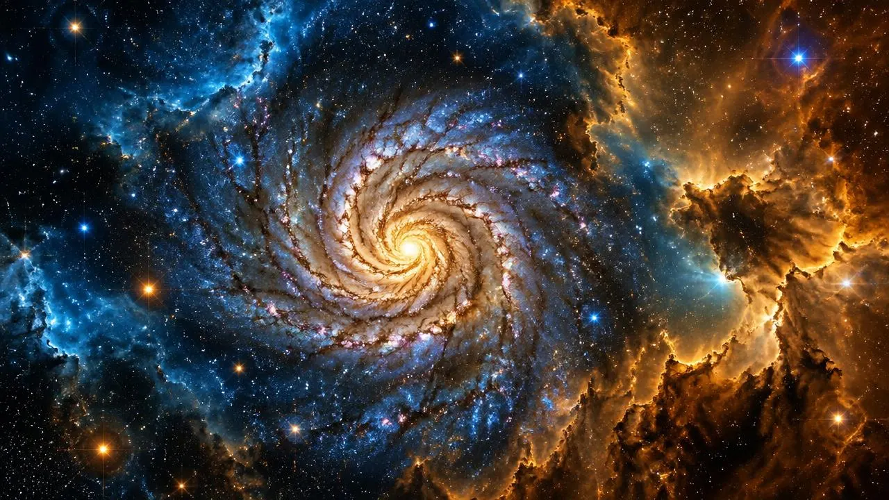 A colourful spiral galaxy surrounded by nebula clouds